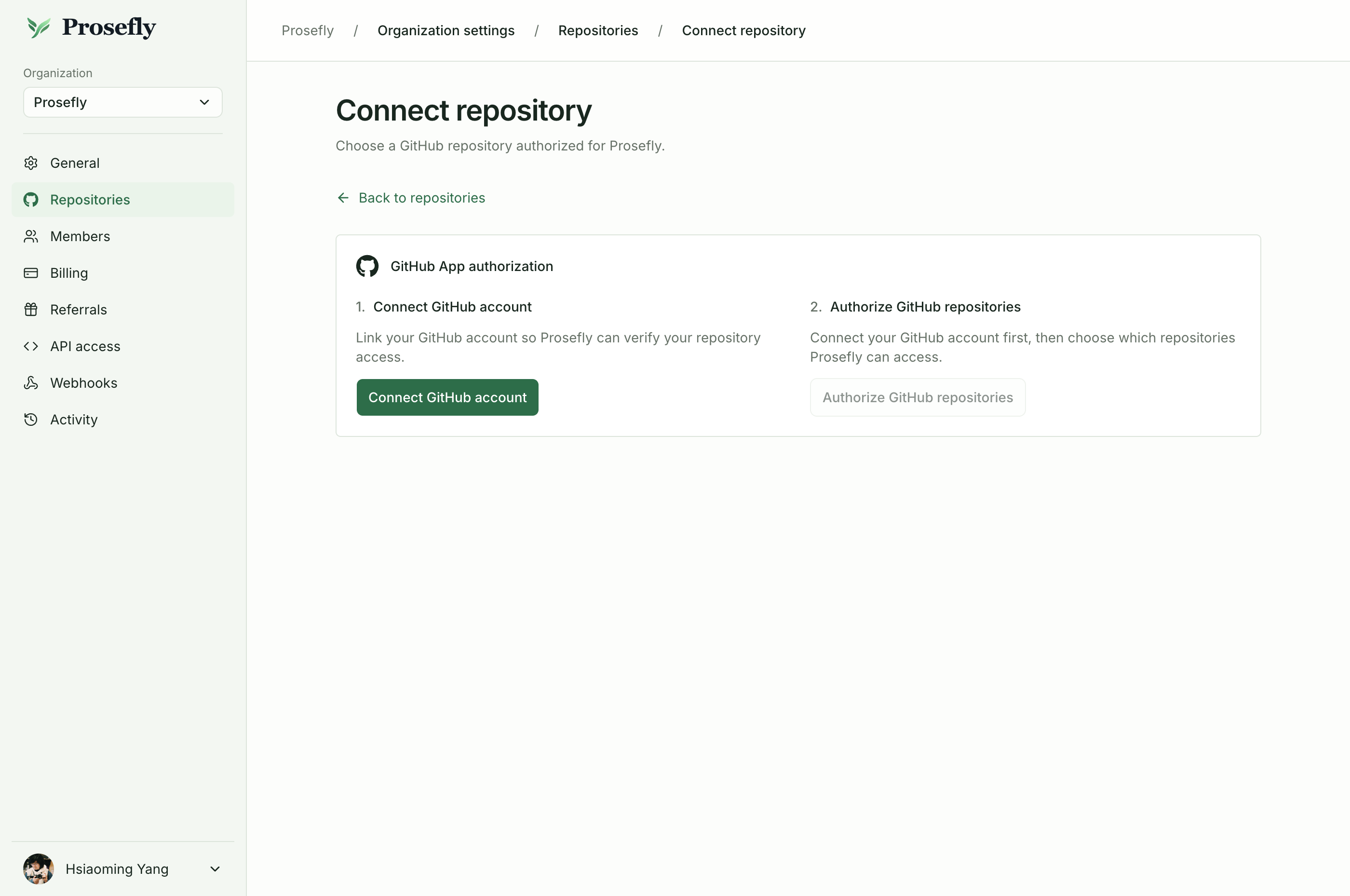Connect your GitHub account before authorizing repository access.
