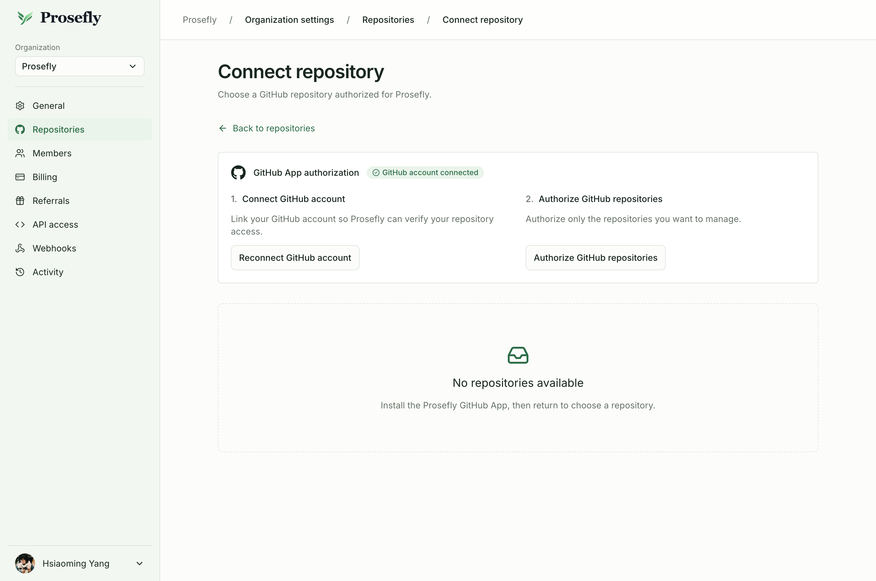 Authorize the Prosefly GitHub App to access the repositories you choose.