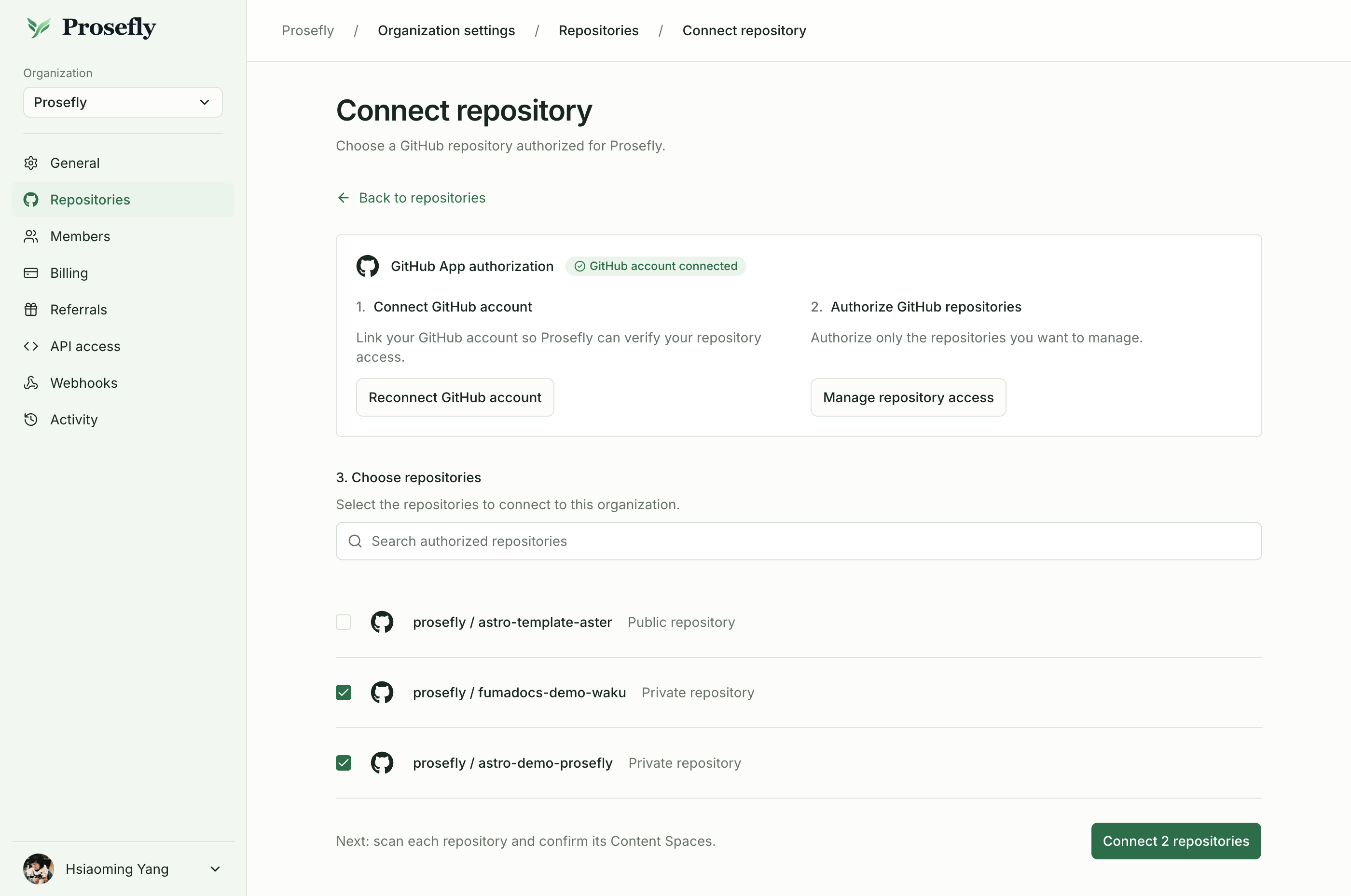 Select authorized repositories to connect to your organization.