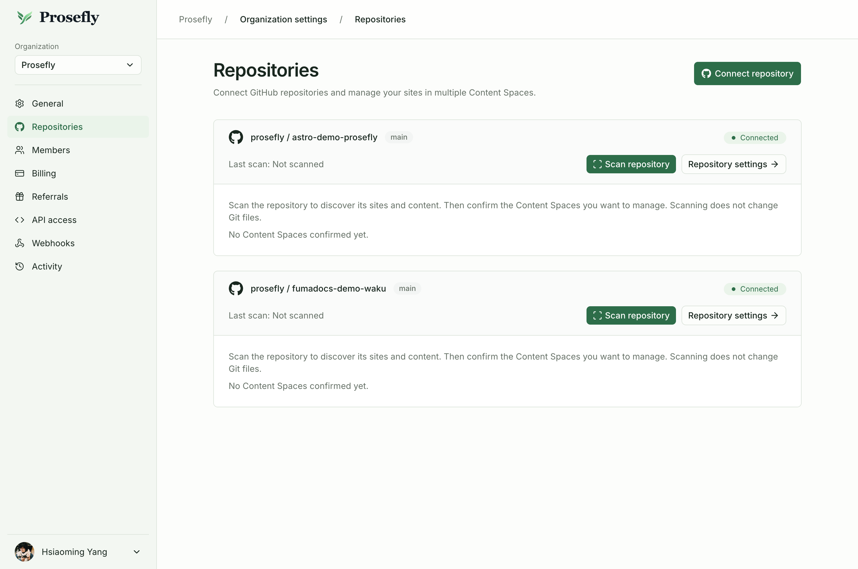 Scan a connected repository to discover its content.
