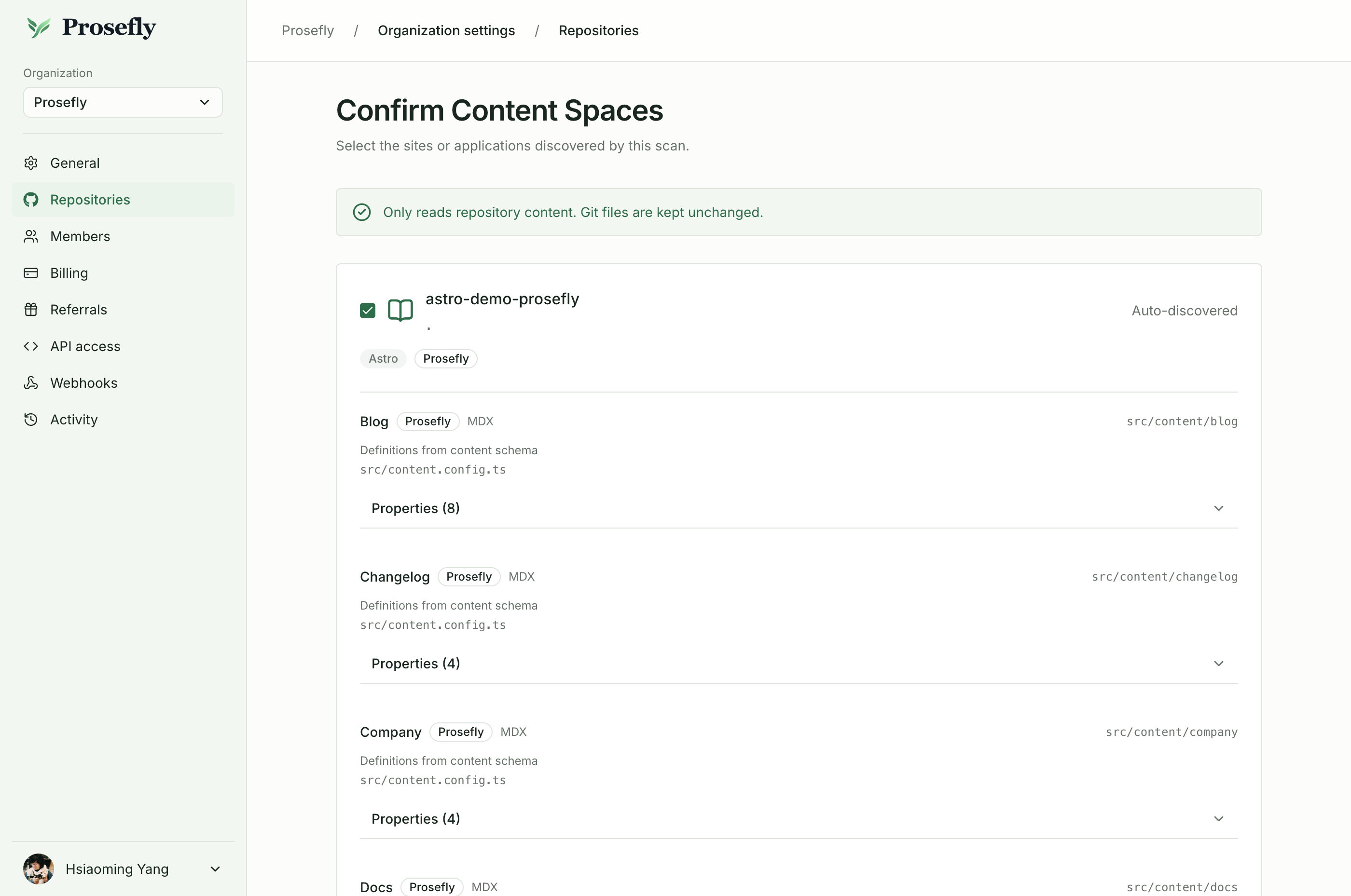 Review the detected content paths and Collections before confirming a content Space.