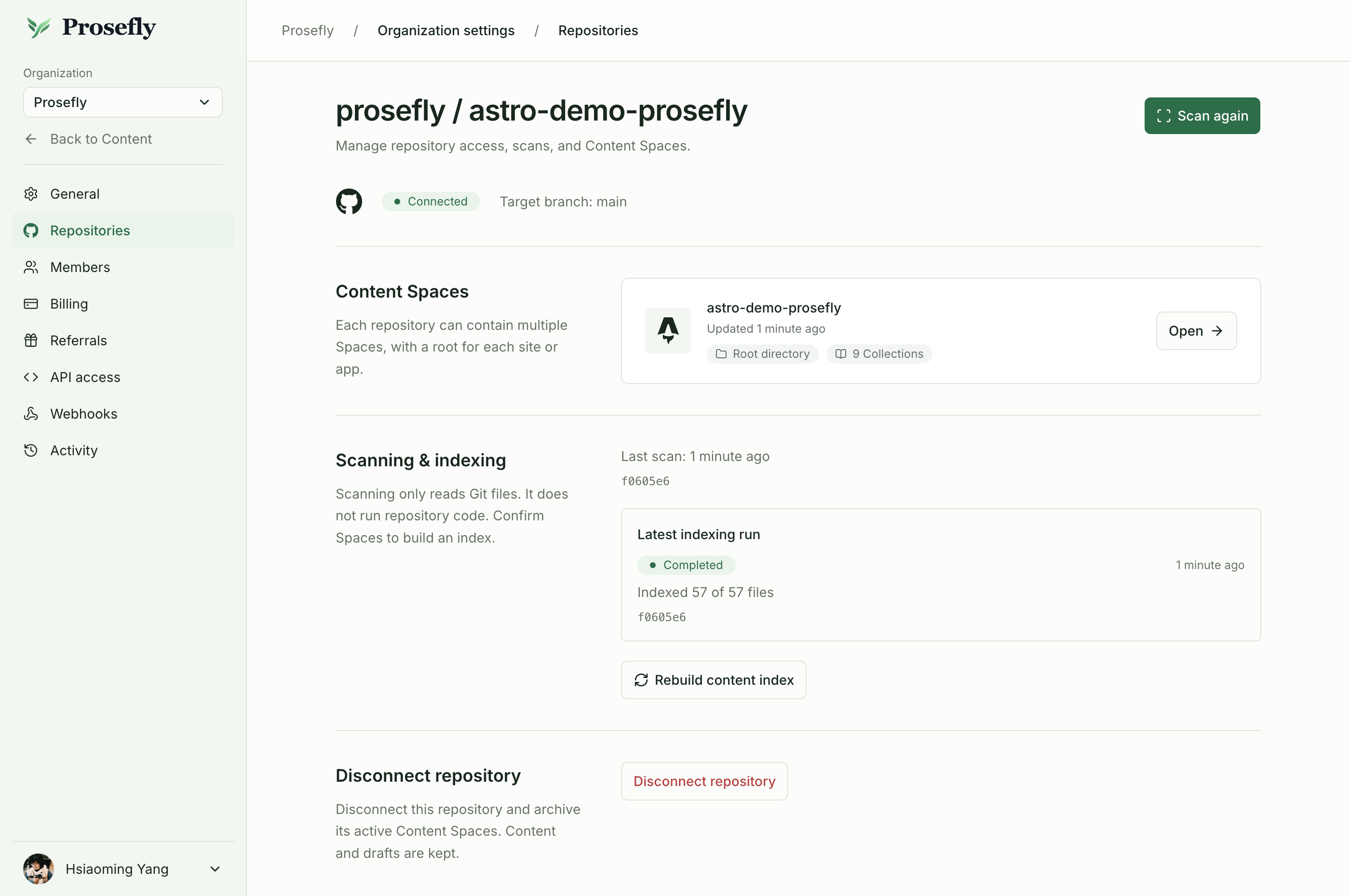 Repository settings show the target branch, content Spaces, and indexing status.