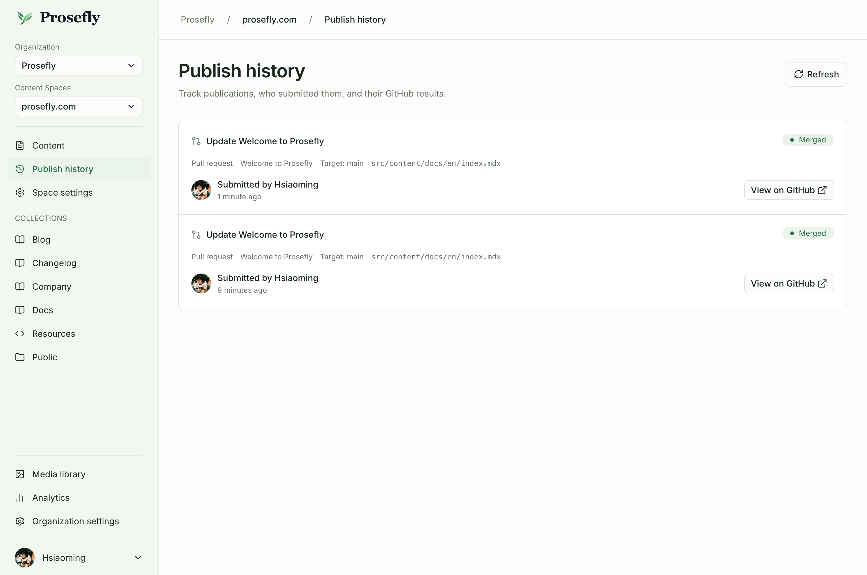 Publish history links each publication to its GitHub result and shows the latest status.